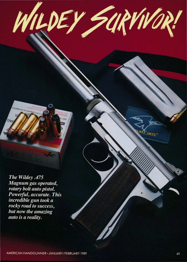 Original opening page of the 1989 Wildey Survivor article, featuring the .475 Magnum pistol