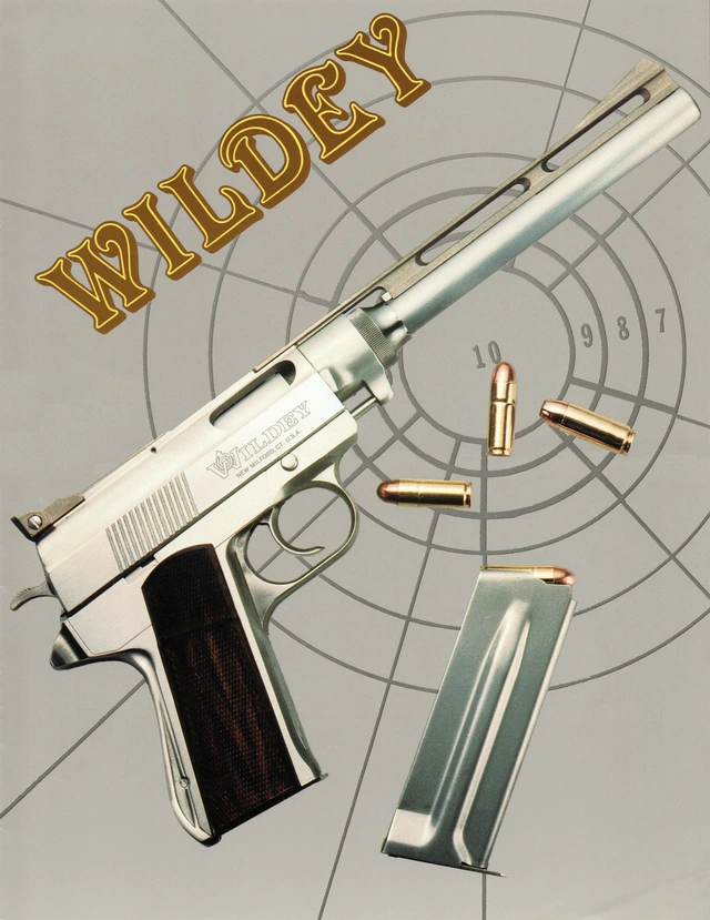 Wildey catalogue cover: a pistol and magazine in front of a target