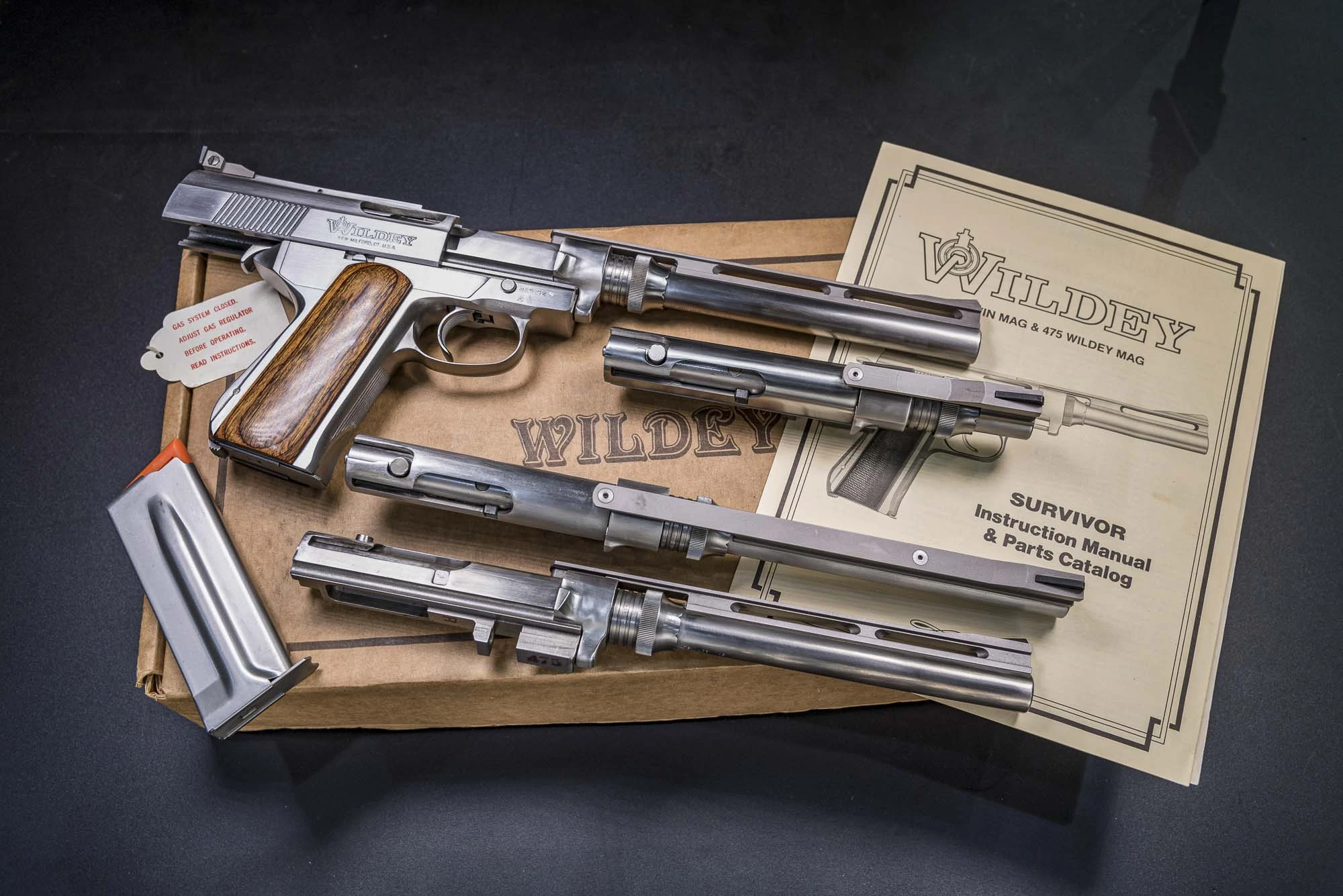 Julius Maroti’s first Wildey set with interchangeable barrels, a magazine and the factory manual